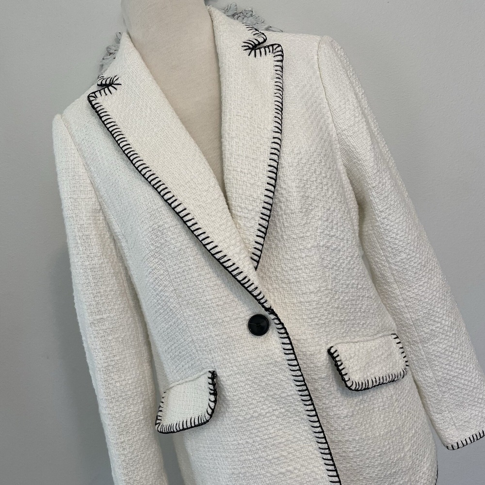 NEW Talbots Contrast Stitch Blazer Jacket Cotton Ivory Preppy Luxury 6 6P Womens